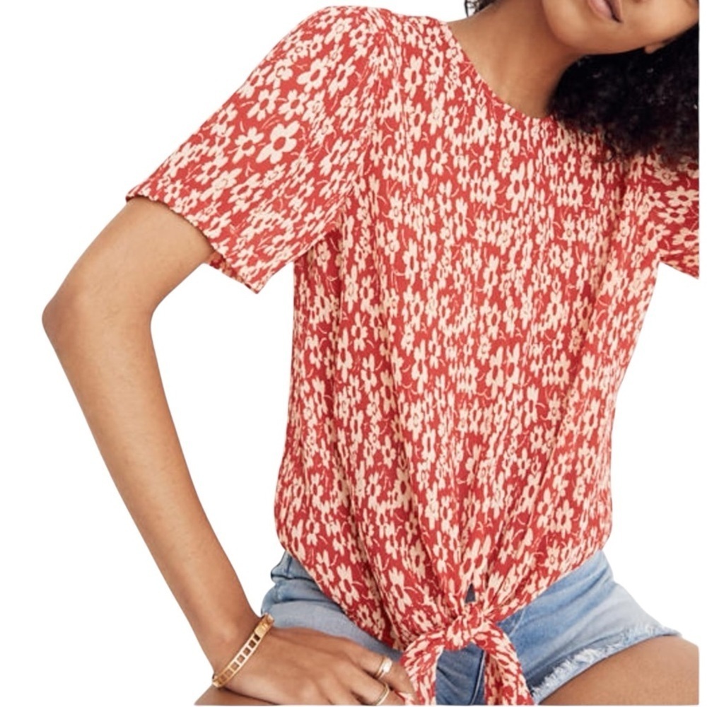 NWOT MADEWELL Short Sleeve Tie Front Button Back Floral Crinkled Top Size Medium